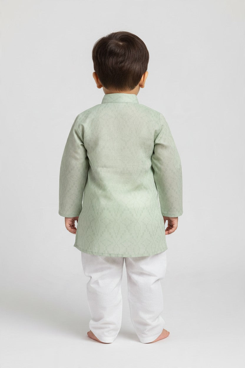 Kids' Mint Green Jacquard Cotton Blend Kurta Pajama Set