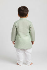Kids' Mint Green Jacquard Cotton Blend Kurta Pajama Set