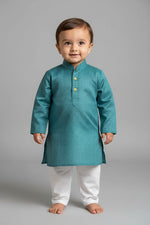 Kids' Turquoise Blue Jacquard Cotton Blend Kurta Pajama Set