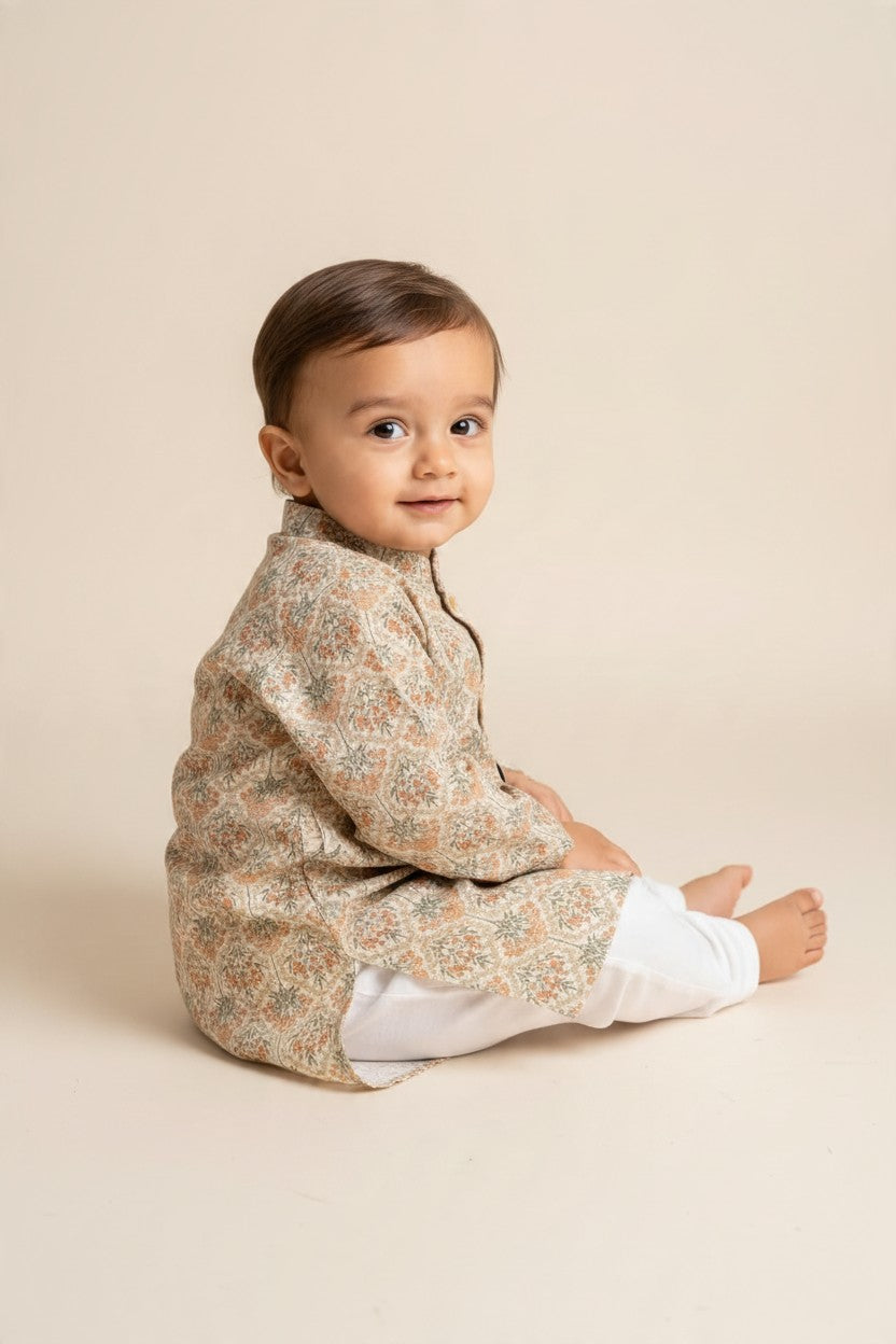 Kids' Off White Printed Kurta Pajama Set with Sequin Work