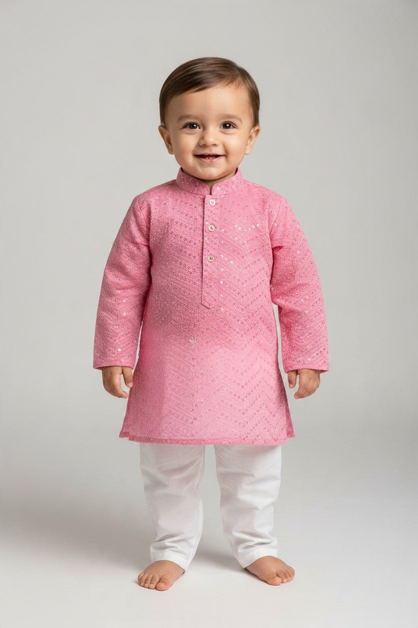 Kids' Pink Chevron Sequin Kurta Pajama Set