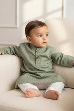 Kids' Sage Green Printed Cotton Blend Kurta Pajama Set