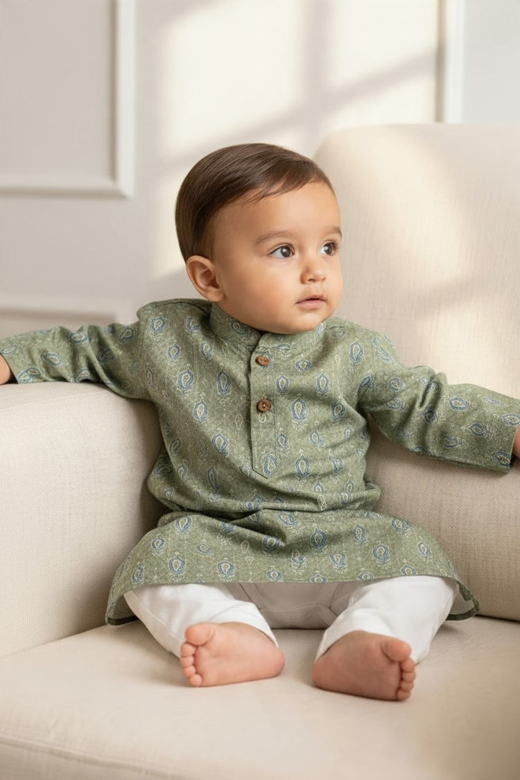 Kids' Sage Green Printed Cotton Blend Kurta Pajama Set