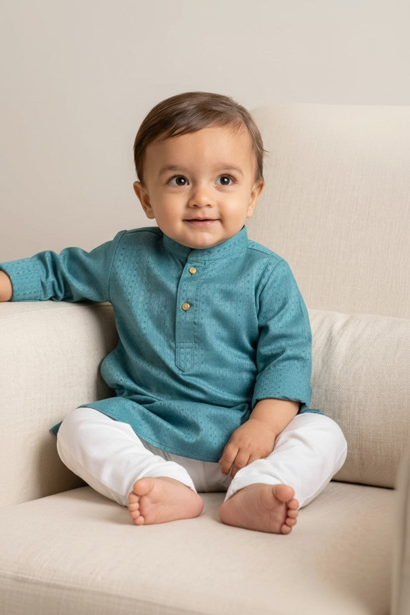 Kids' Turquoise Blue Jacquard Cotton Blend Kurta Pajama Set