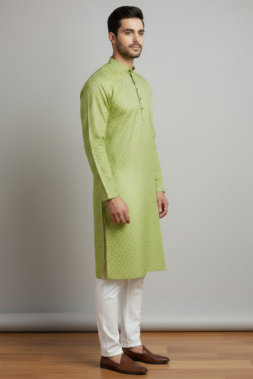 Mens's Green Printed Kurta Pajama Set