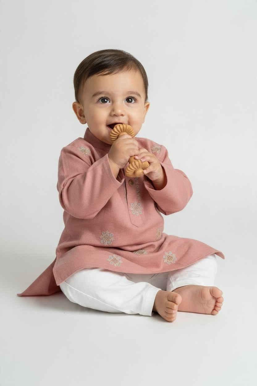 Kids' Dusty Pink Zari Thread work Buta Cotton Blend Kurta Pajama Set