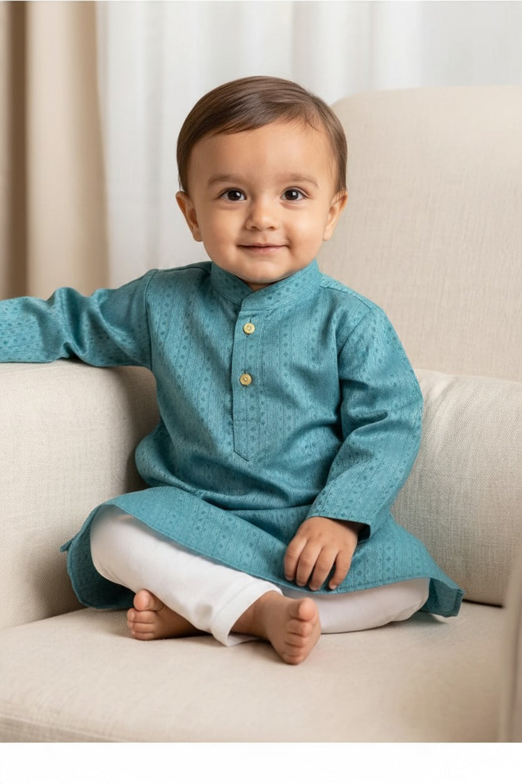 Kids' Turquoise Blue Jacquard Cotton Blend Kurta Pajama Set