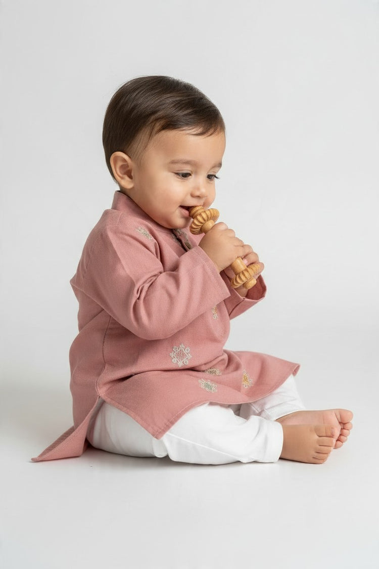 Kids' Dusty Pink Zari Thread work Buta Cotton Blend Kurta Pajama Set