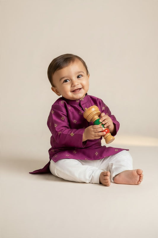 Kids' Voilet Sequin & Zari Buta Cotton Blend Kurta Pajama Set