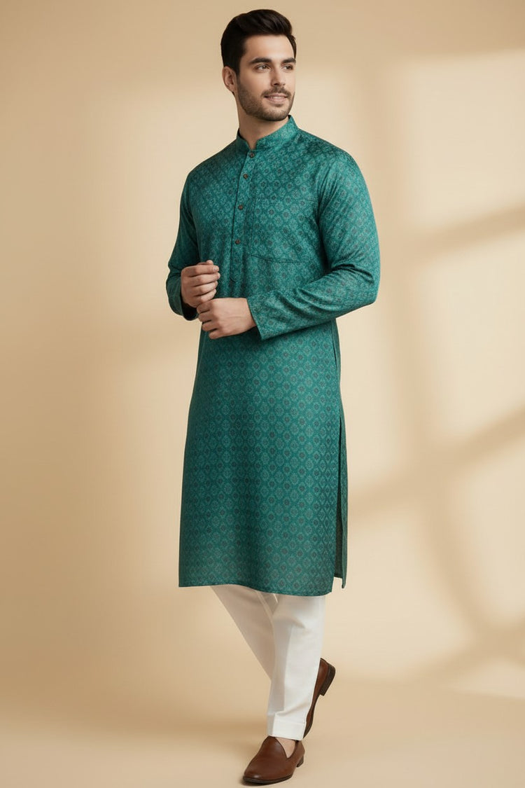 Veshbhoshaa Men's Dark Green Printed Kurta Pajama Set