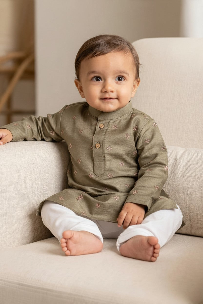 Kids' Olive Green Sequin & Zari Buta Cotton Blend Kurta Pajama Set