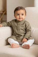 Kids' Olive Green Sequin & Zari Buta Cotton Blend Kurta Pajama Set