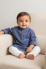 Kids' Blue Cotton Blend Kurta Pajama Set