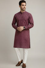 Mens's Maroon Printed Kurta Pajama Set