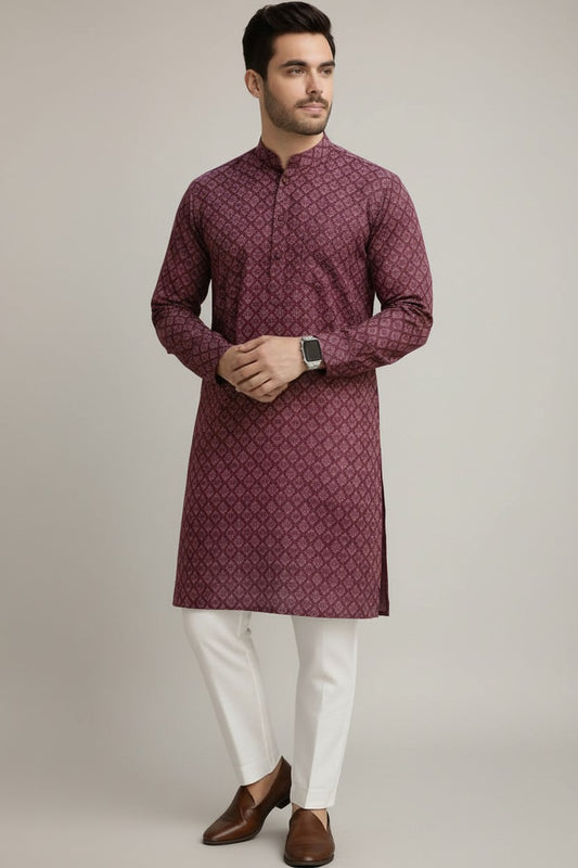 Veshbhoshaa Mens's Maroon Printed Kurta Pajama Set