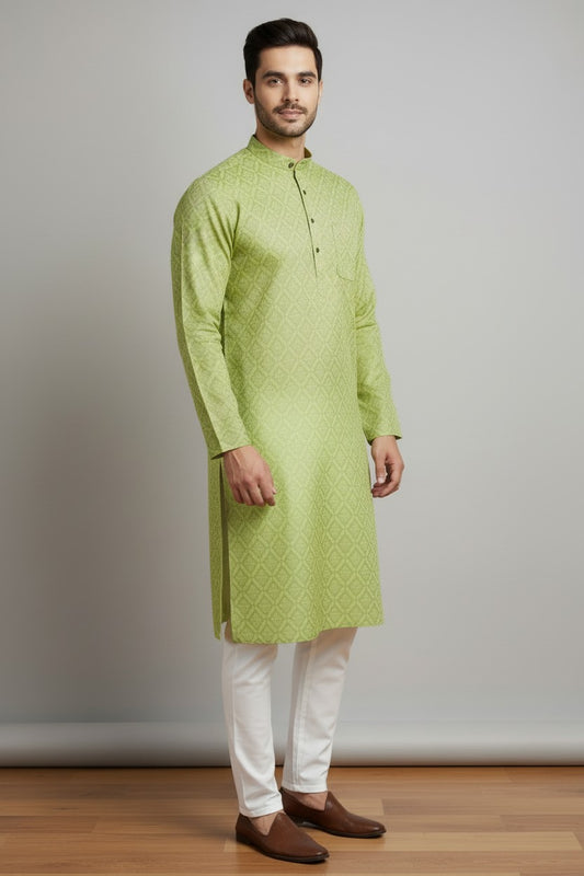 Veshbhoshaa Mens's Green Printed Kurta Pajama Set