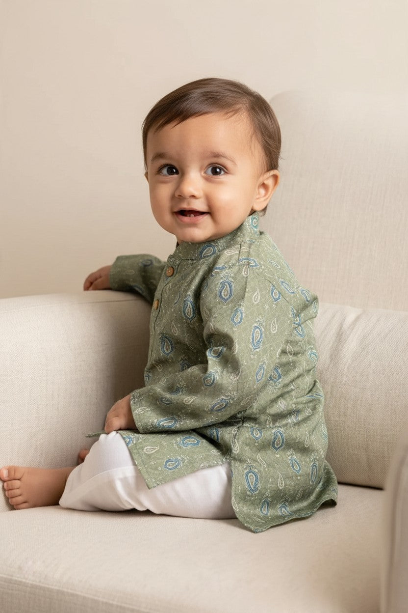 Kids' Sage Green Printed Cotton Blend Kurta Pajama Set