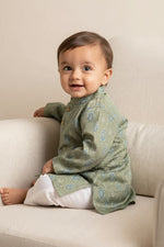 Kids' Sage Green Printed Cotton Blend Kurta Pajama Set