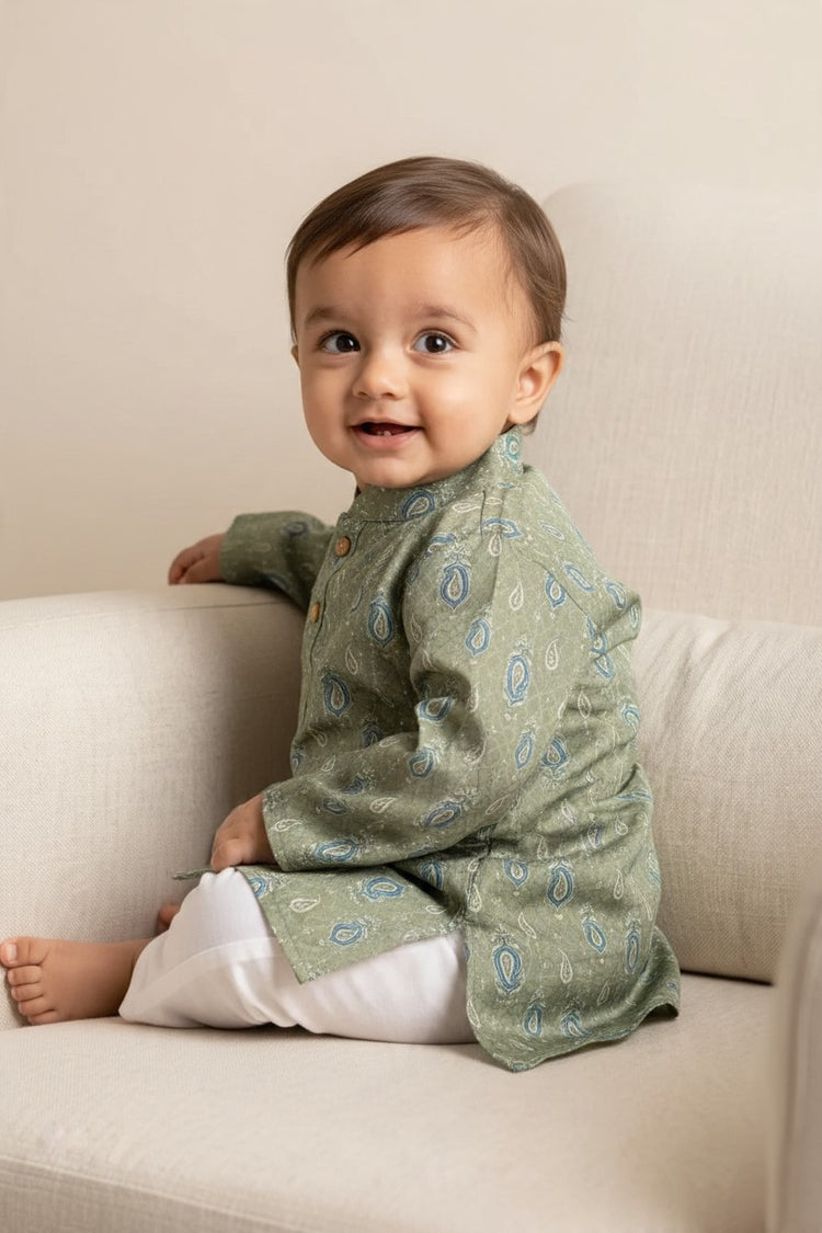 Kids' Sage Green Printed Cotton Blend Kurta Pajama Set