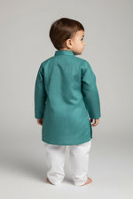 Kids' Turquoise Blue Jacquard Cotton Blend Kurta Pajama Set