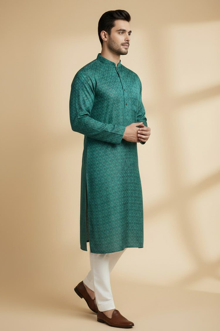 Veshbhoshaa Men's Dark Green Printed Kurta Pajama Set