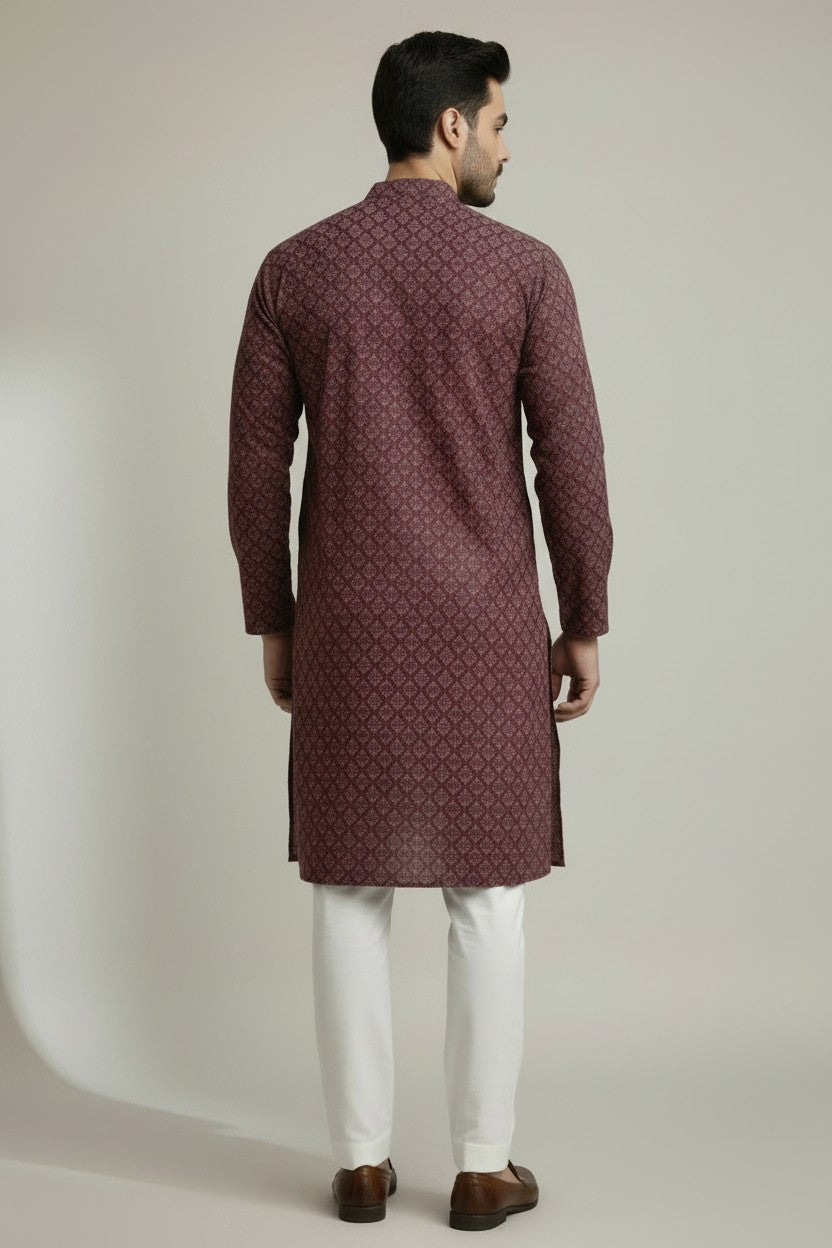 Mens's Maroon Printed Kurta Pajama Set