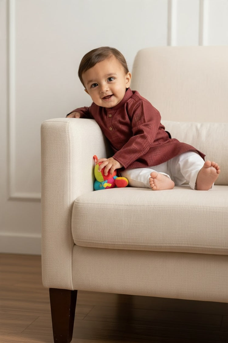 Kids' Maroon Jacquard Cotton Blend Kurta Pajama Set