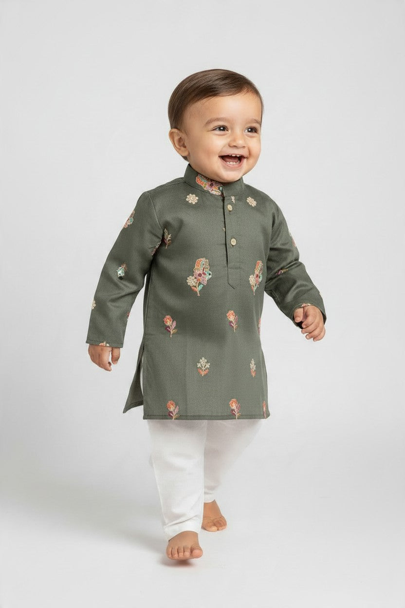 Kids' Olive Green Zari Thread work Buta Cotton Blend Kurta Pajama Set