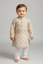 Kids' Off White Printed Kurta Pajama Set with Sequin Work