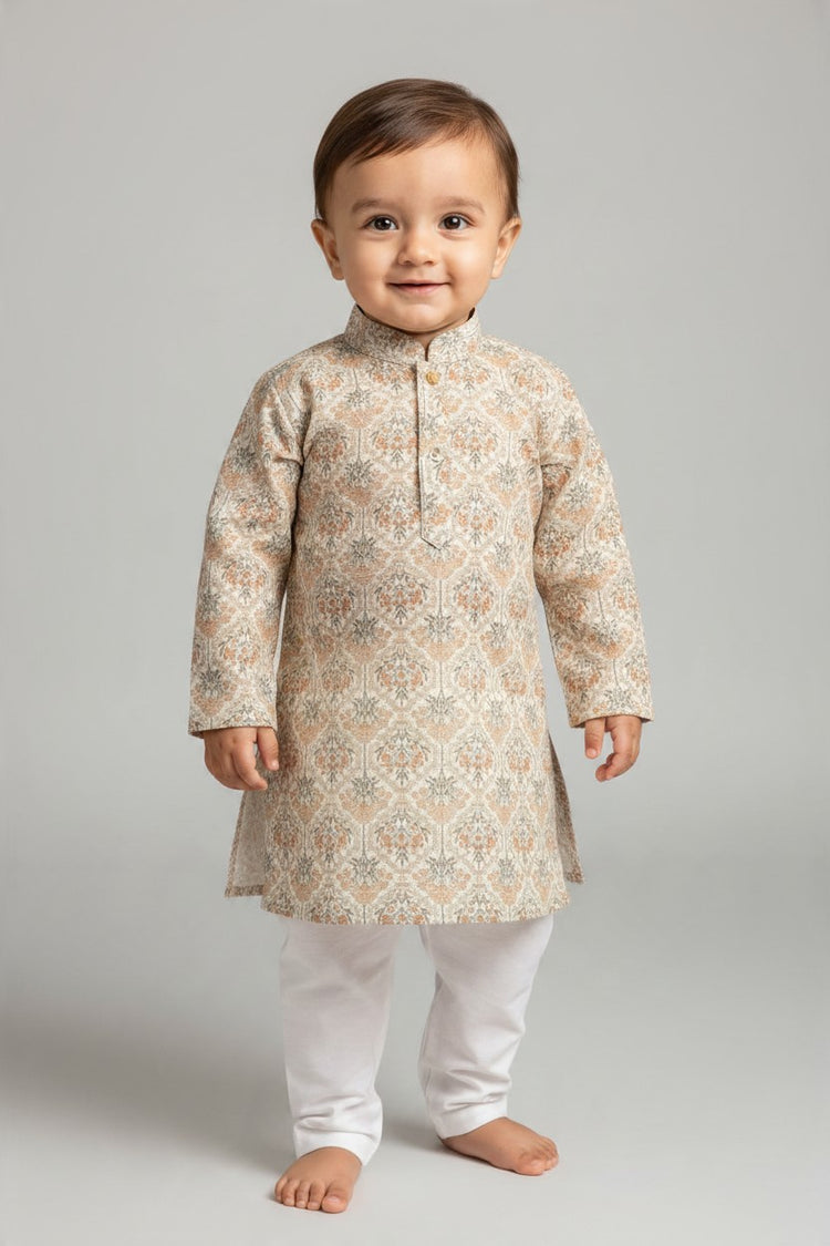 Kids' Off White Printed Kurta Pajama Set with Sequin Work