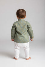 Kids' Sage Green Printed Cotton Blend Kurta Pajama Set