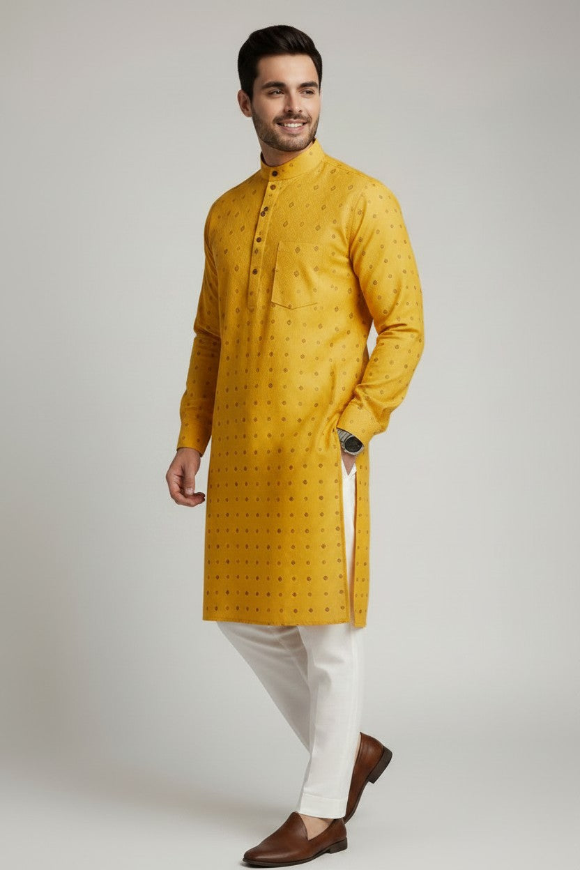 Mens's Yellow Printed Kurta Pajama Set