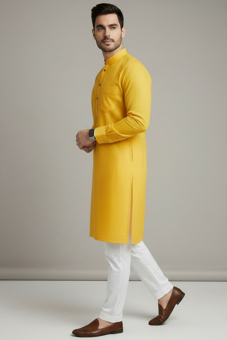 Veshbhoshaa Men's Yellow Design Kurta Pajama Set