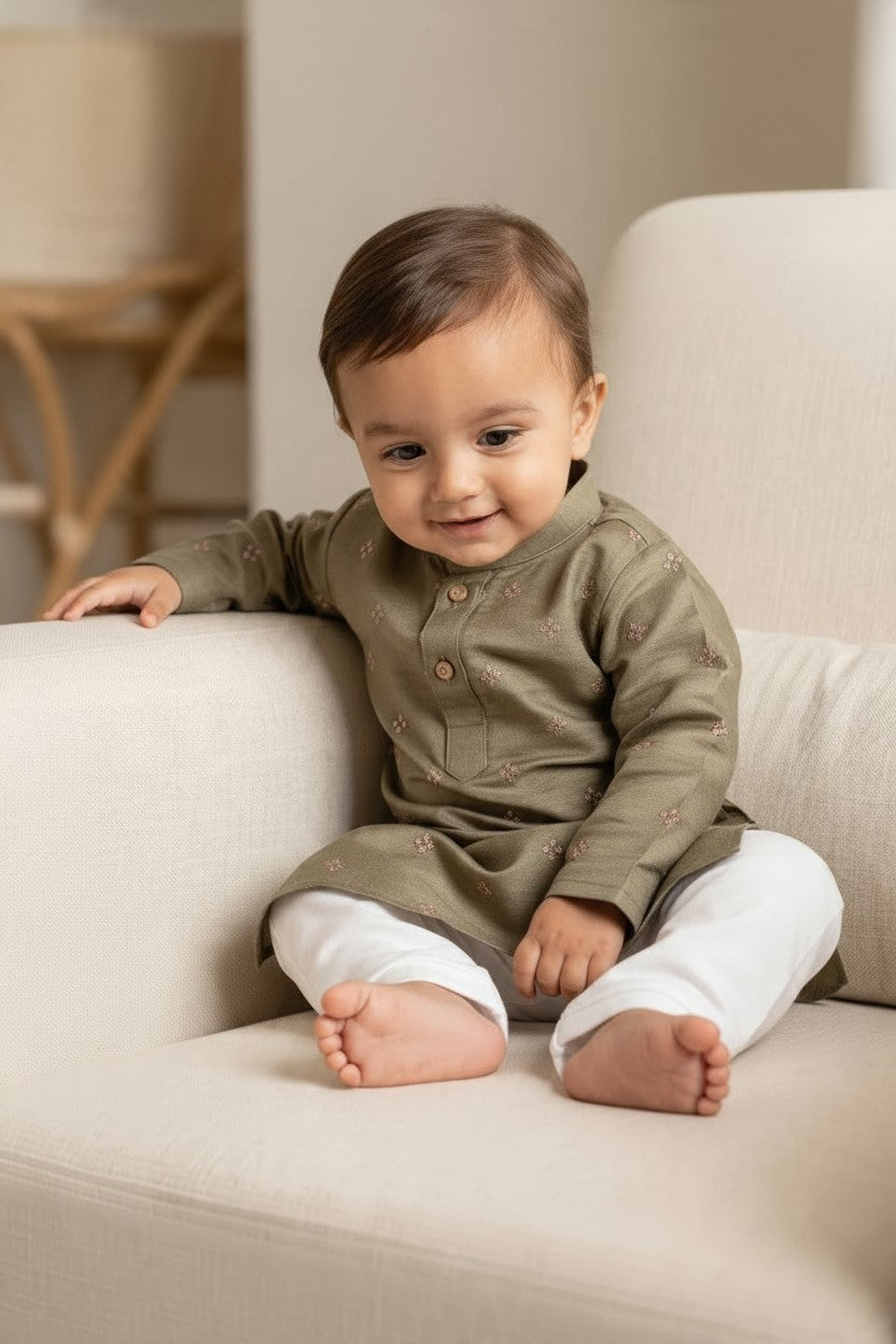 Kids' Olive Green Sequin & Zari Buta Cotton Blend Kurta Pajama Set