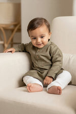 Kids' Olive Green Sequin & Zari Buta Cotton Blend Kurta Pajama Set