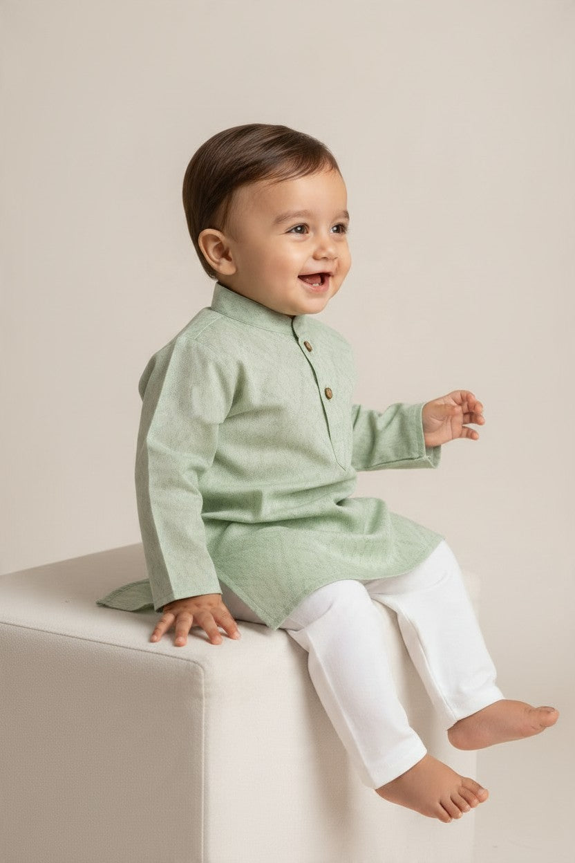 Kids' Mint Green Jacquard Cotton Blend Kurta Pajama Set
