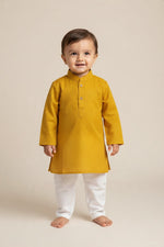 Kids' Mustard Yellow Jacquard Cotton Blend Kurta Pajama Set
