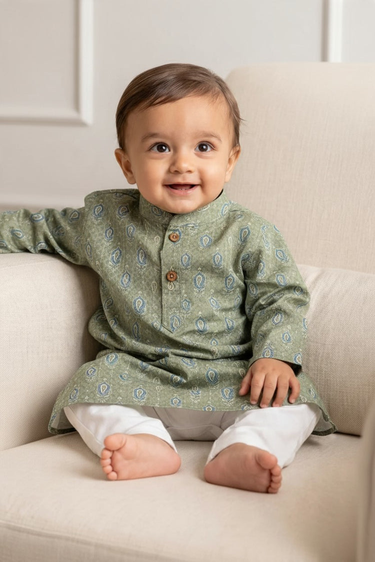 Kids' Sage Green Printed Cotton Blend Kurta Pajama Set