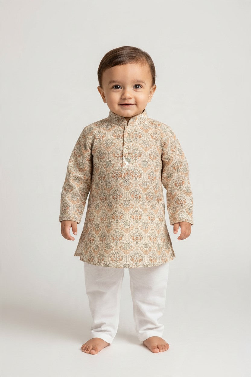 Kids' Off White Printed Kurta Pajama Set with Sequin Work