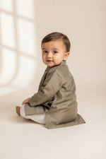 Kids' Olive Green Sequin & Zari Buta Cotton Blend Kurta Pajama Set
