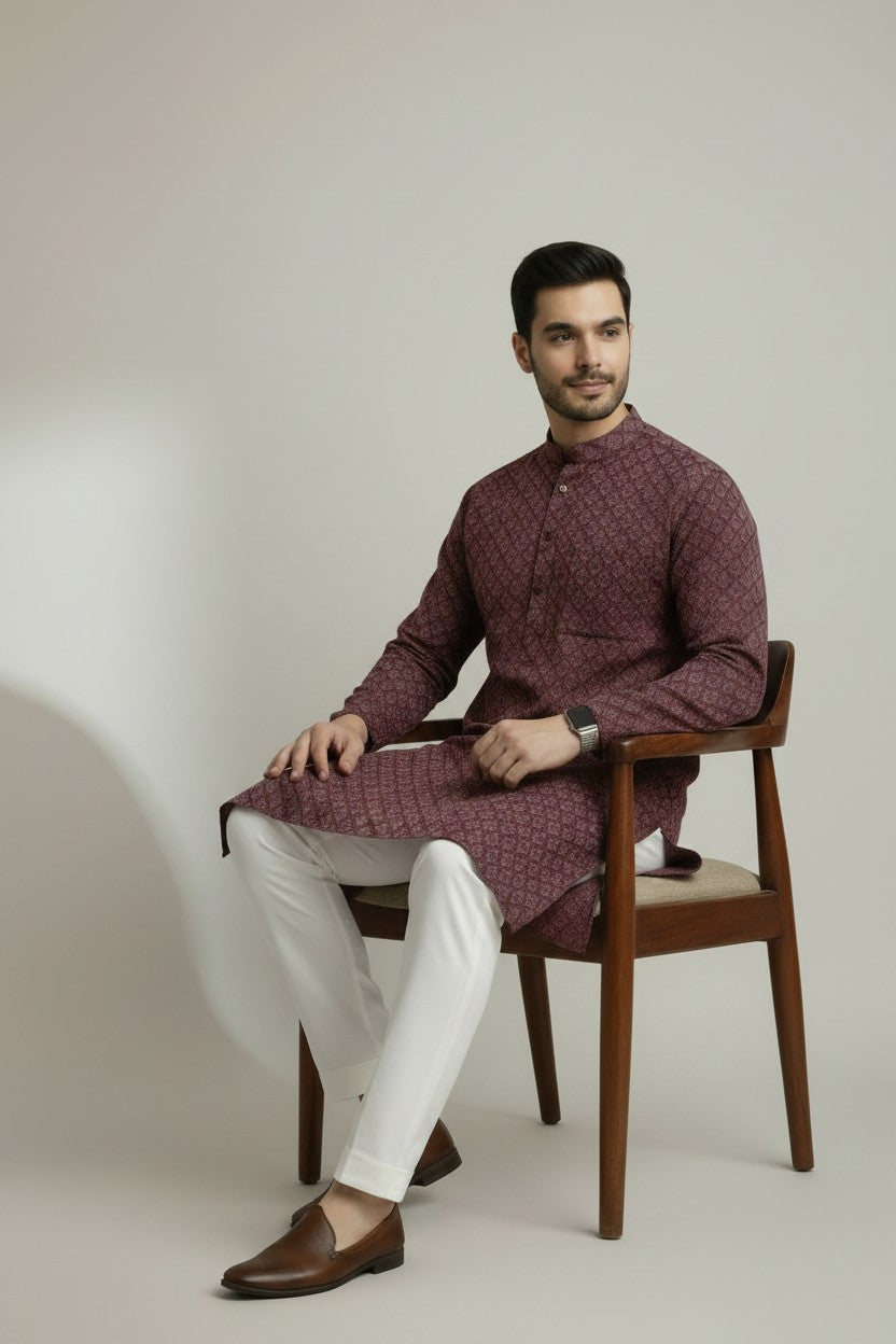 Mens's Maroon Printed Kurta Pajama Set