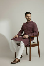 Mens's Maroon Printed Kurta Pajama Set