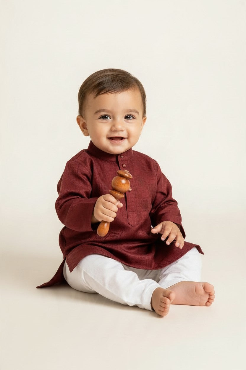 Kids' Maroon Jacquard Cotton Blend Kurta Pajama Set