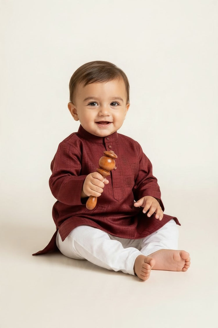 Kids' Maroon Jacquard Cotton Blend Kurta Pajama Set