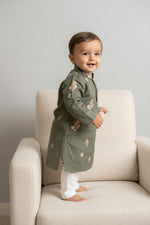 Kids' Olive Green Zari Thread work Buta Cotton Blend Kurta Pajama Set