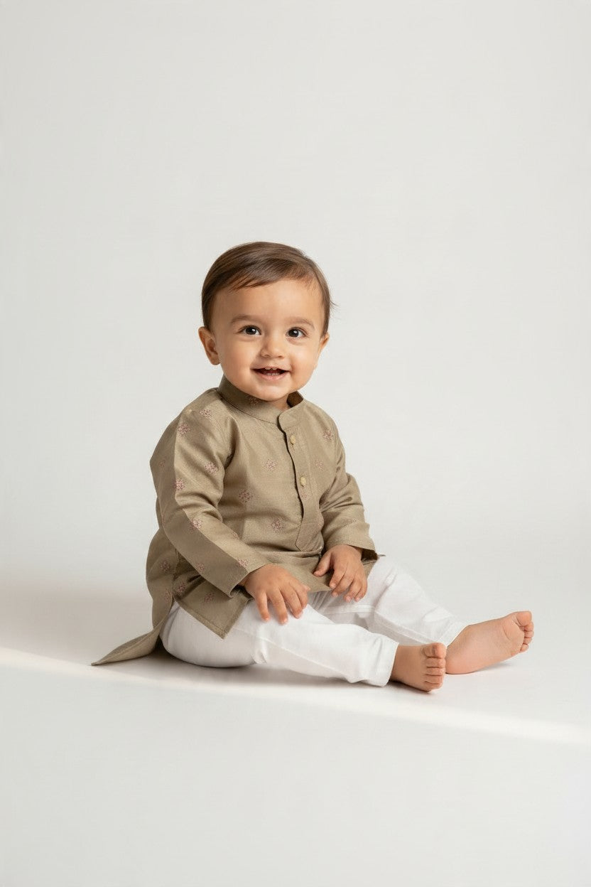 Kids' Olive Green Sequin & Zari Buta Cotton Blend Kurta Pajama Set