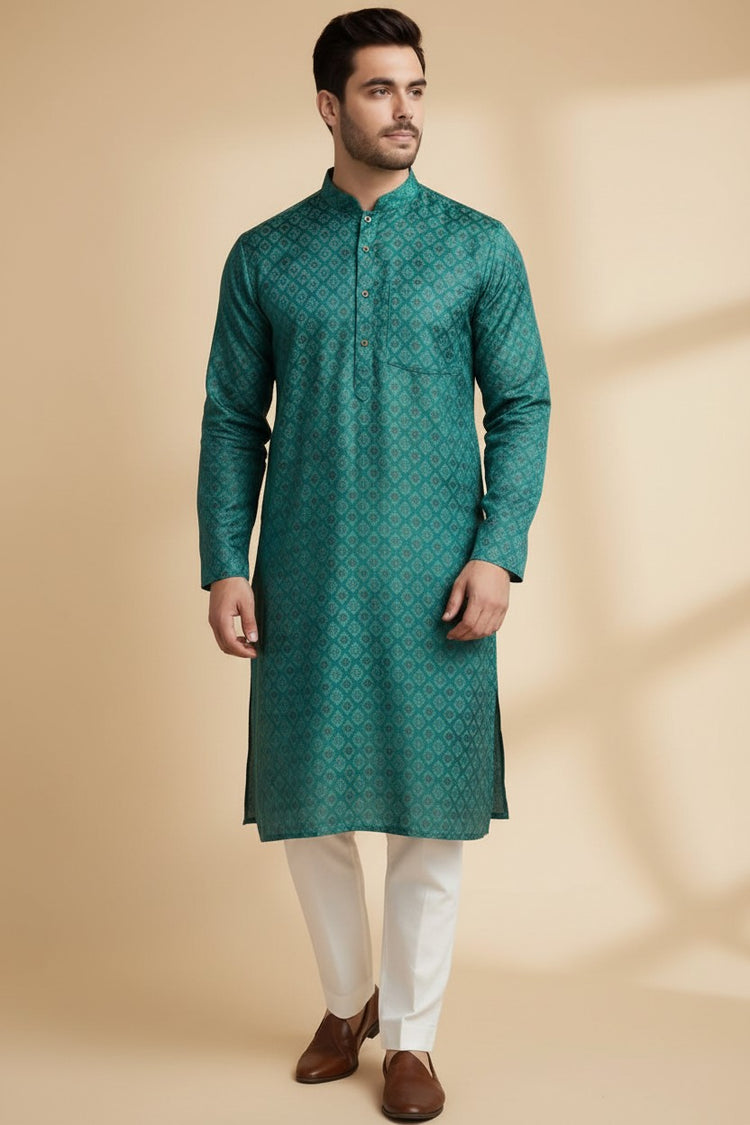 Veshbhoshaa Men's Dark Green Printed Kurta Pajama Set
