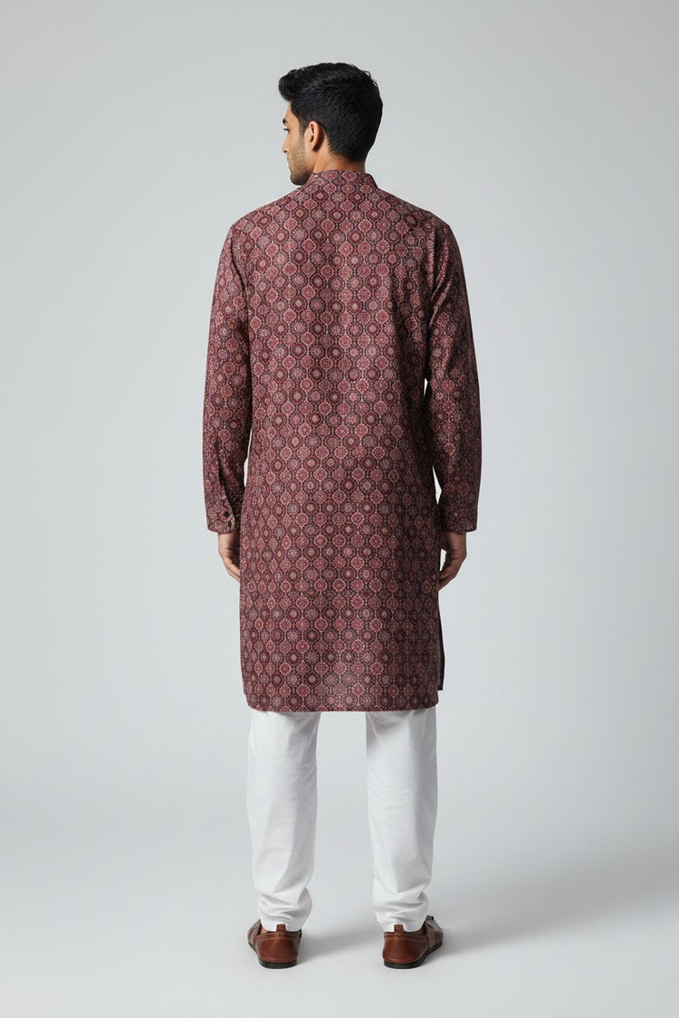Men's Maroon Printed Kurta Pajama Set