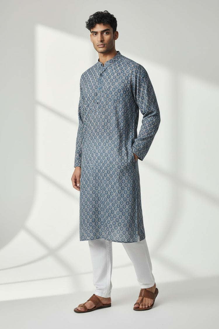 Men's Navy Blue Printed Kurta Pajama Set