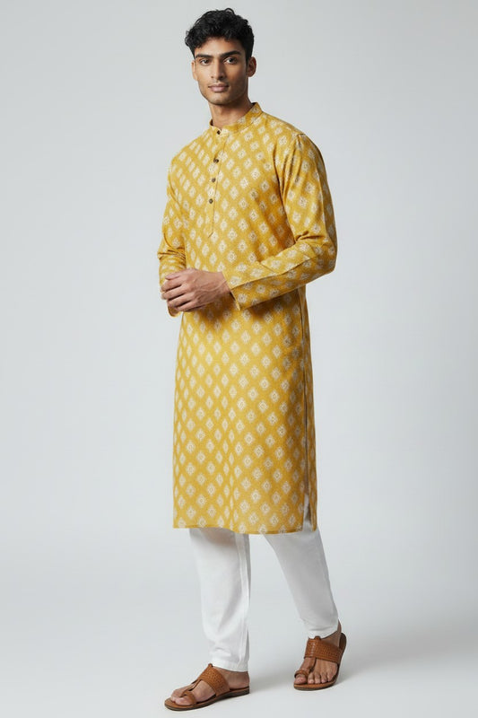 Men's Yellow Printed Kurta Pajama Set